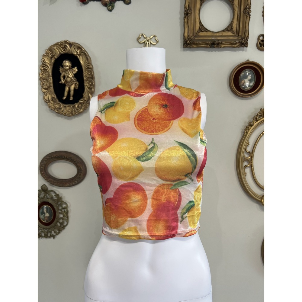 Vintage Cheryl Creations Y2K Citrus Fruit Print Mock Neck Sleeveless Crop Top M